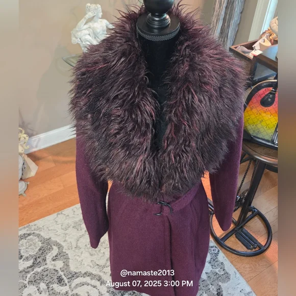 Guess Burgundy Purple Wool Blend Coat with Faux Mongolian Fur Trim Designer #679